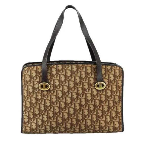 Christian Dior Trotter Canvas Hand Bag Beige Brown gold Auth 107884